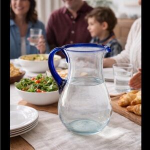 Hand Blown Art Glass Pitcher Cobalt Blue Rim Studio Glass Decor Collectible Vase